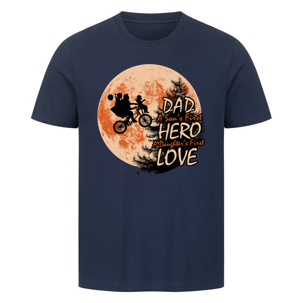 Premium T-Shirt for Dad featuring "A Son's First Hero, A Daughter's First Love" design, navy blue, 100% cotton.