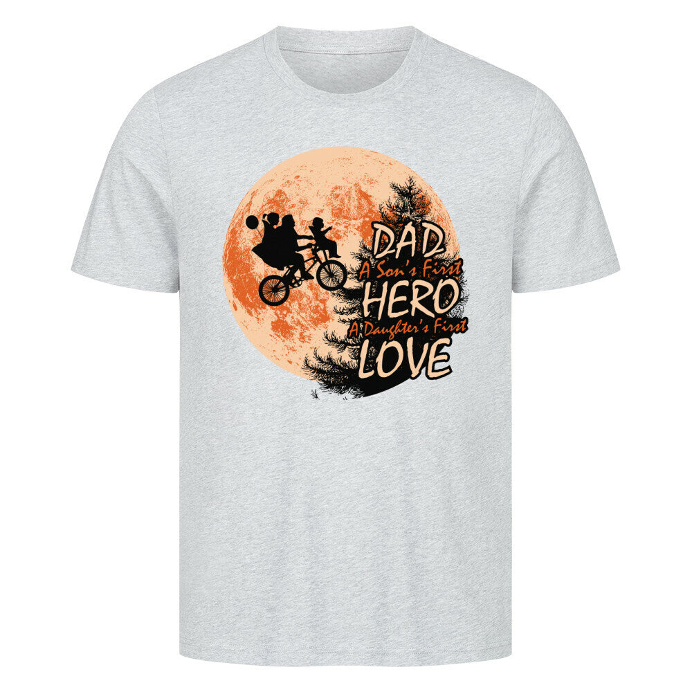 Premium T-Shirt featuring "Dad A Son's First Hero A Daughter's First Love" graphic, 100% cotton, part of Dad collection.