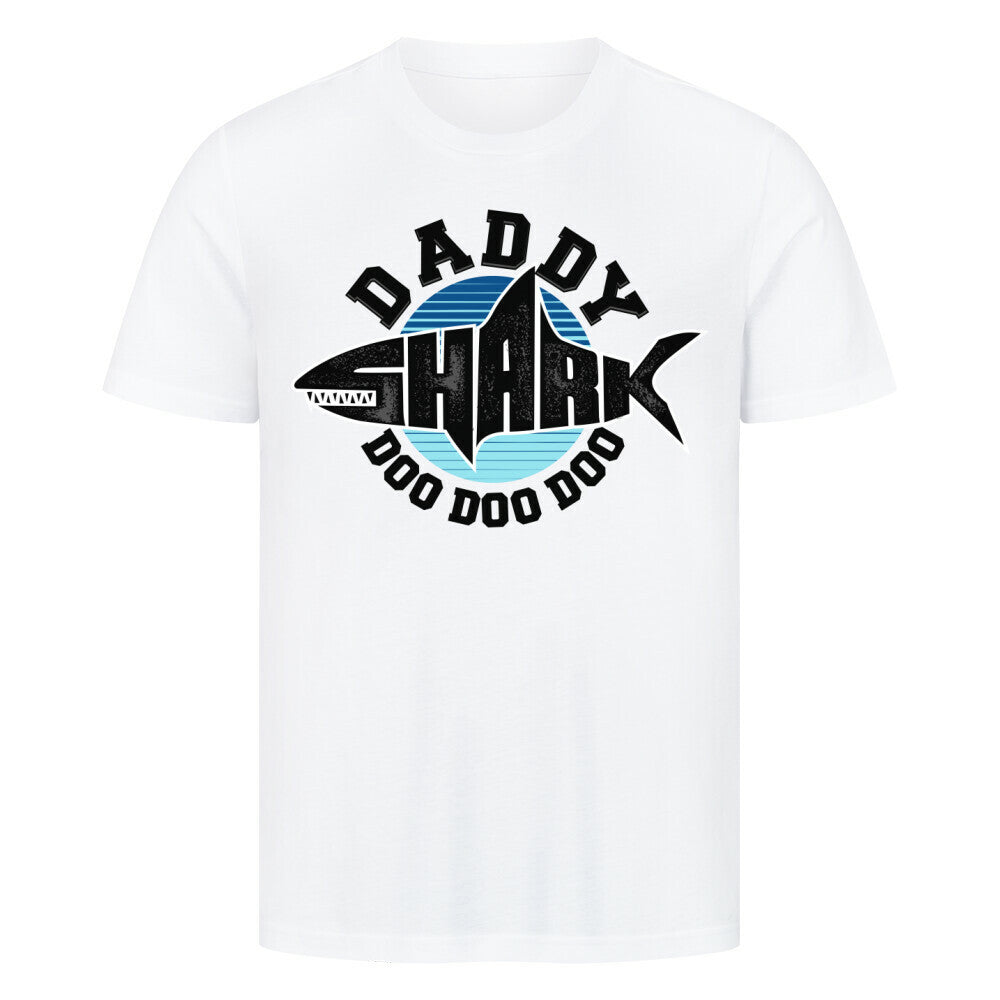 Premium white T-shirt with Daddy Shark design, comfortable fit, 100% cotton.