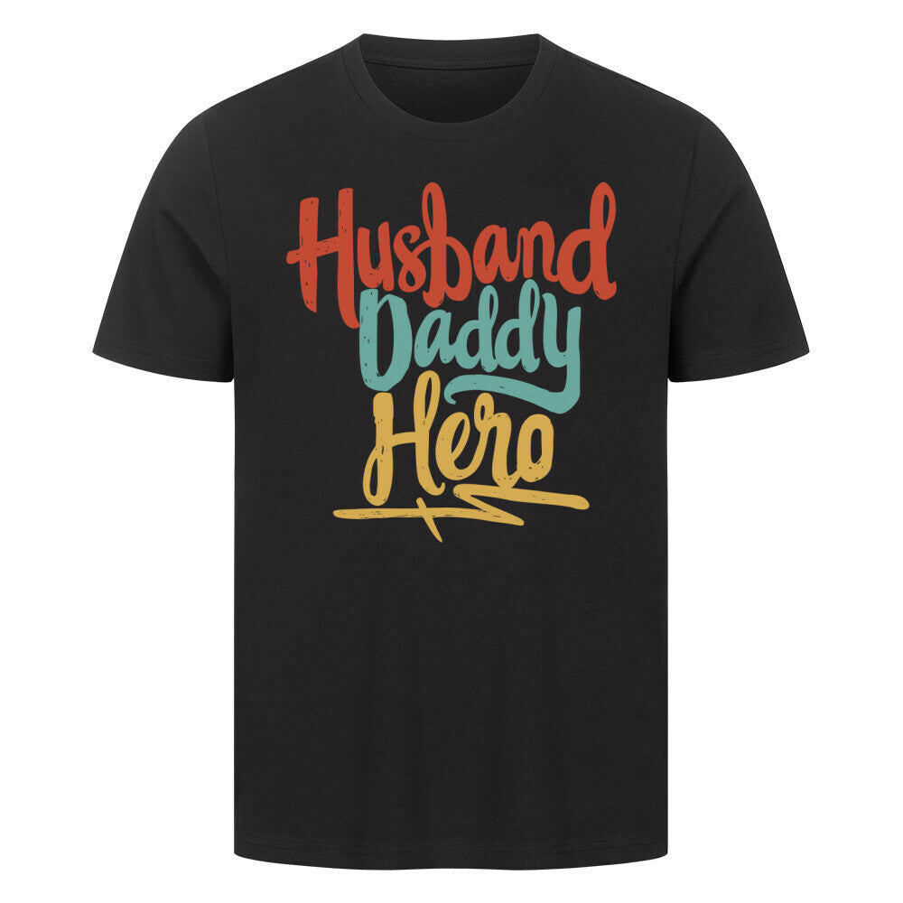 Black t-shirt with colorful "Husband Daddy Hero" text design.