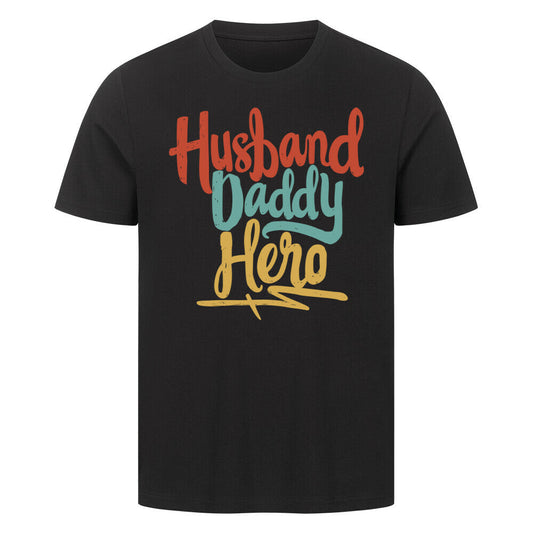 Black t-shirt with colorful "Husband Daddy Hero" text design.