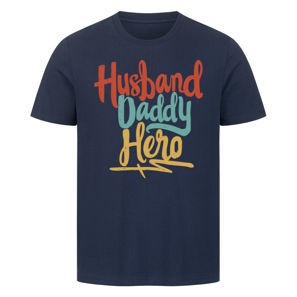 Premium navy T-shirt featuring "Husband Daddy Hero" print.