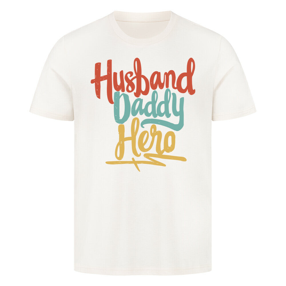 Premium T-Shirt with "Husband Daddy Hero" text design.