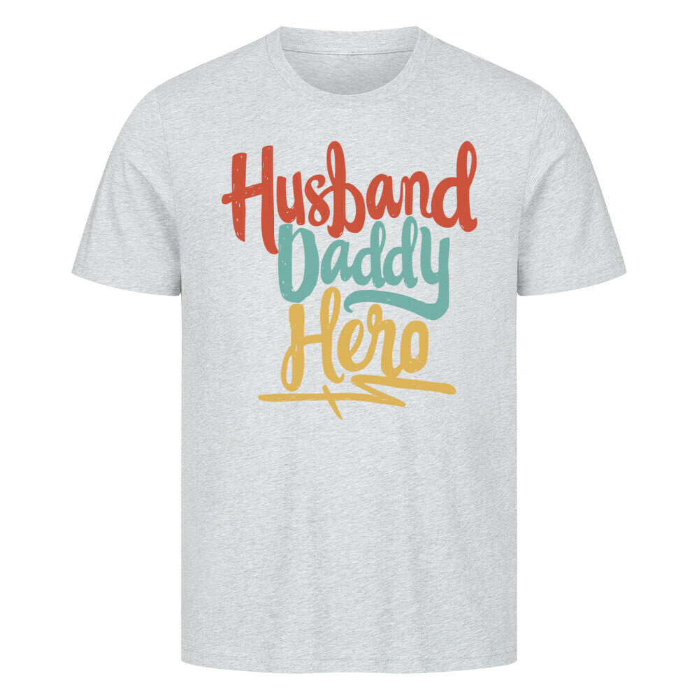 Premium T-Shirt with "Husband Daddy Hero" text design.
