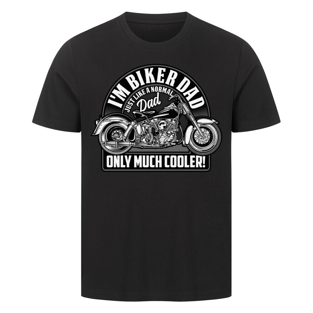 Premium T-Shirt with "I'm Biker Dad" print for dads, high-quality 100% cotton, biker theme.