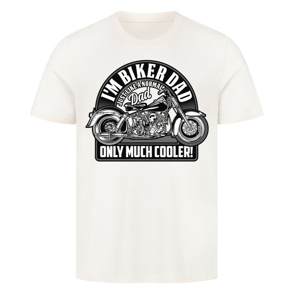 Premium T-Shirt with "I'm Biker Dad" design featuring a motorcycle print, 100% cotton.