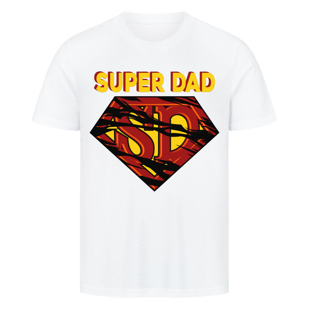 White t-shirt with "Super Dad" design and red-yellow emblem.