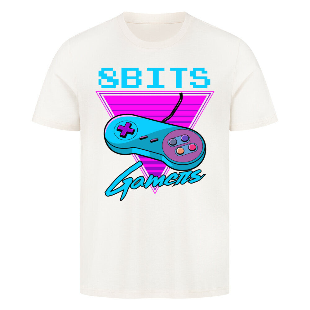 8 bits gamer t-shirt with controller graphic on white background.