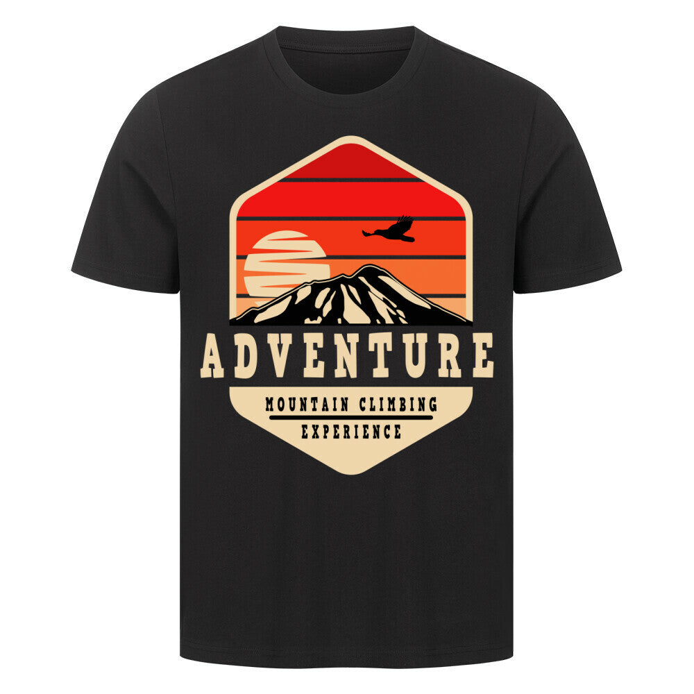 Premium Adventure Mountain T-Shirt with mountain climbing graphic on black cotton fabric.