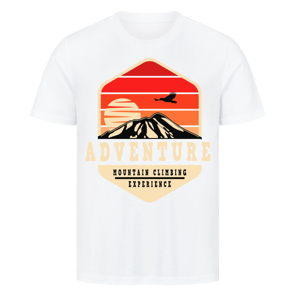 Premium T-Shirt Adventure Mountain design featuring a mountain and sunset graphic.
