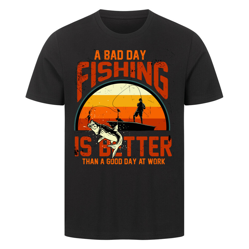 Premium T-shirt featuring "A Bad Day Fishing" graphic, made of 100% cotton.