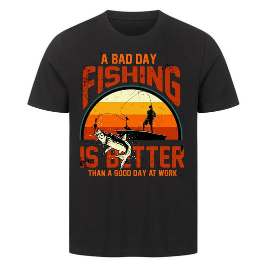 Premium T-shirt featuring "A Bad Day Fishing" graphic, made of 100% cotton.