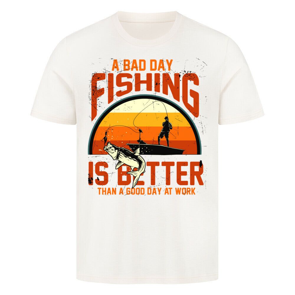 Premium T-Shirt with 'A Bad Day Fishing' design, 100% cotton, made in Türkiye.