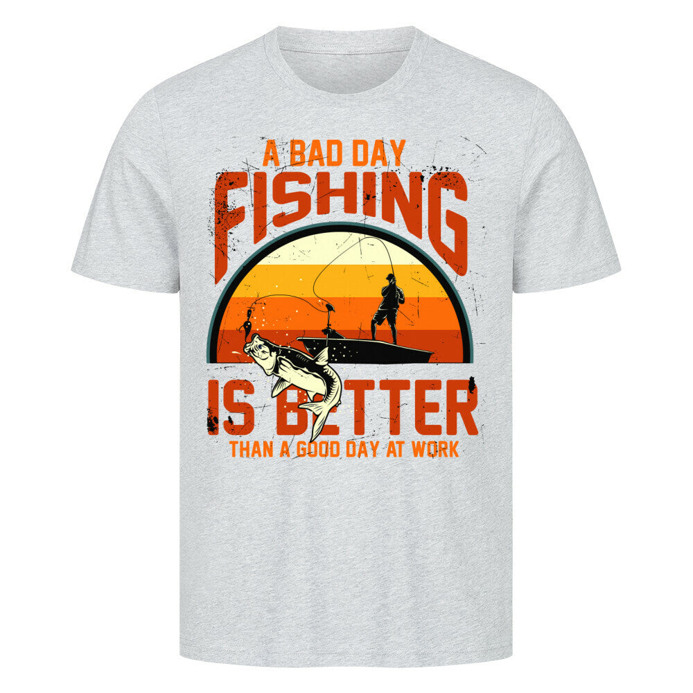Premium t-shirt with "A Bad Day Fishing" graphic, 100% cotton, high quality, grey color.