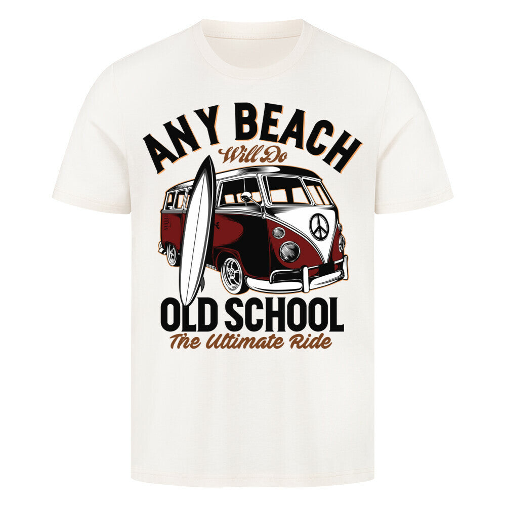 Premium T-shirt featuring old school Bulli design, 100% cotton, in white color with a surf theme.