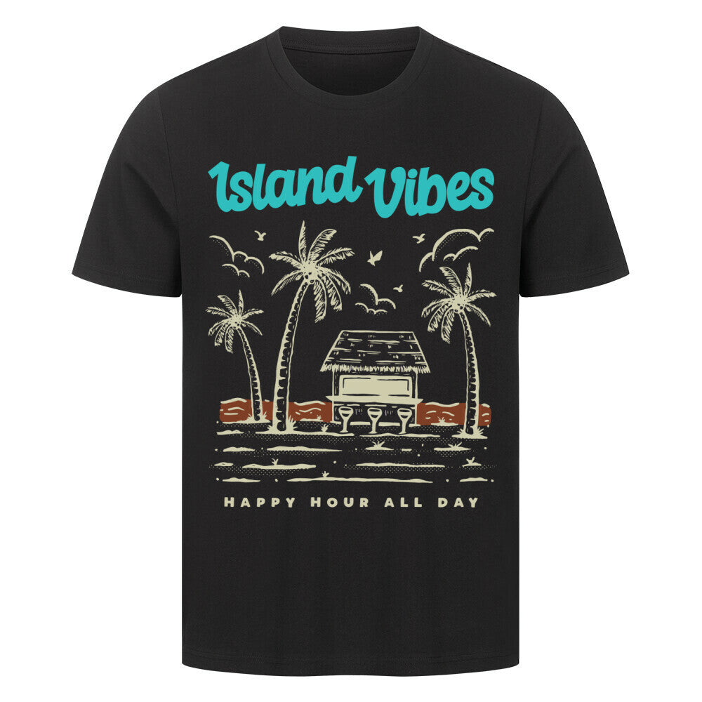Premium black T-shirt with "Island Vibes" beach graphic design.