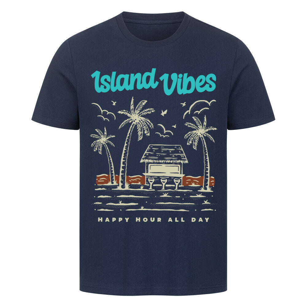 Premium T-shirt Island Vibes with tropical design, 100% cotton, navy blue.