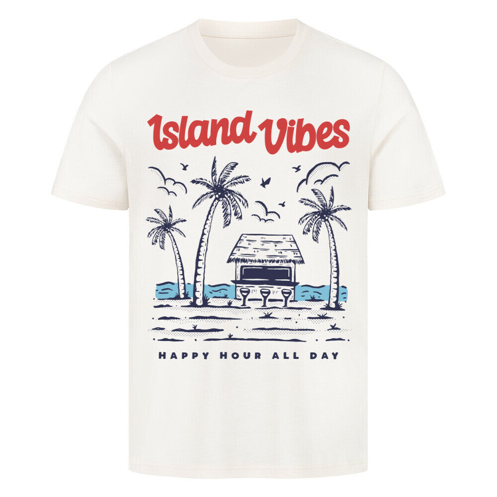 Premium T-Shirt with Island Vibes design, featuring a beach hut and palm trees.