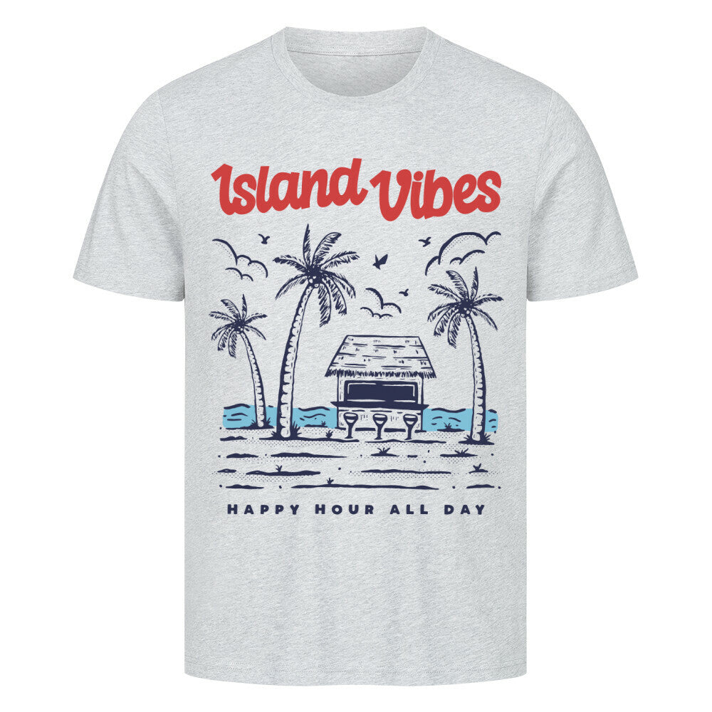 Premium T-Shirt Island Vibes with beach hut design and palm trees, made from 100% cotton.