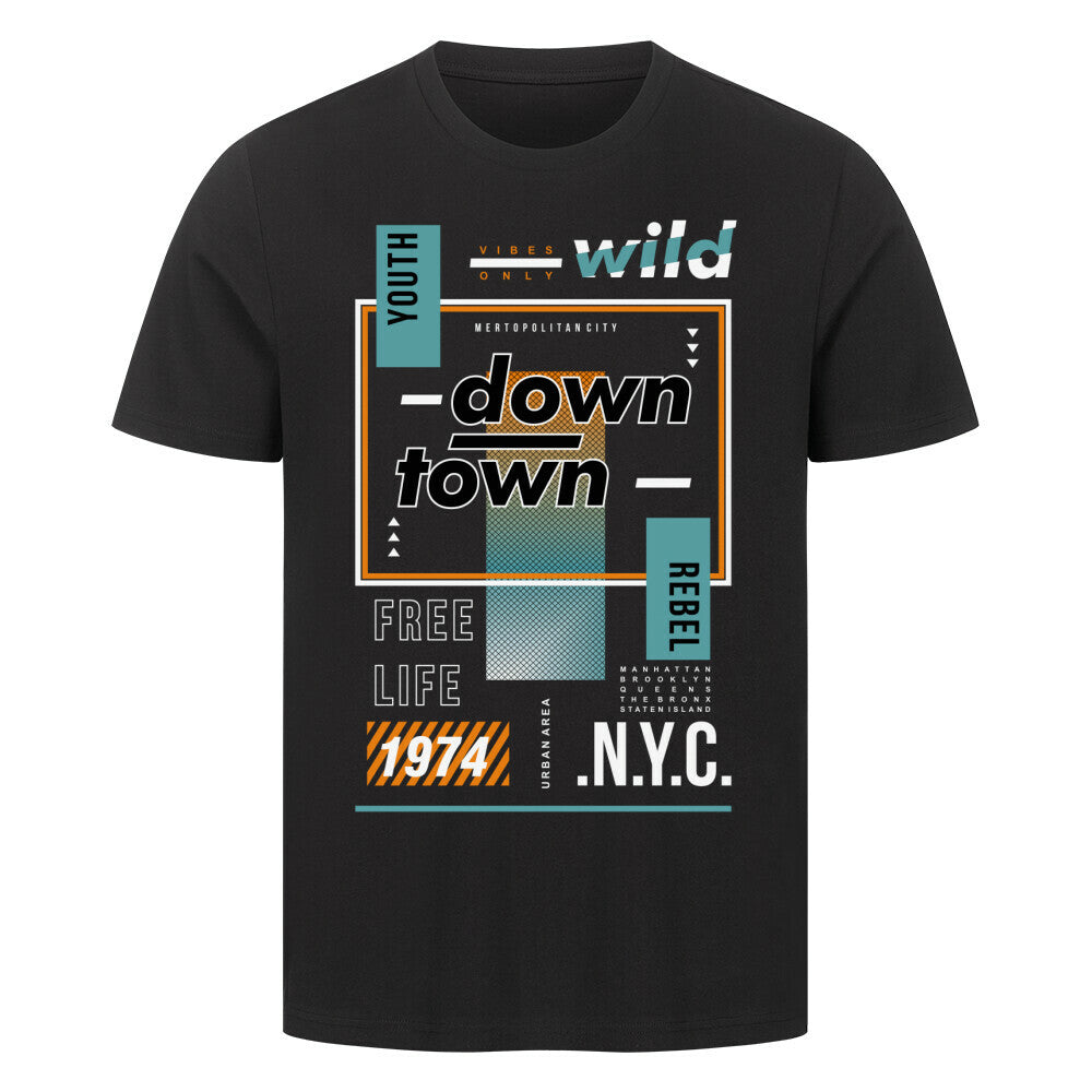 Premium T-Shirt Down Town N.Y.C in black, featuring colorful graphic design.