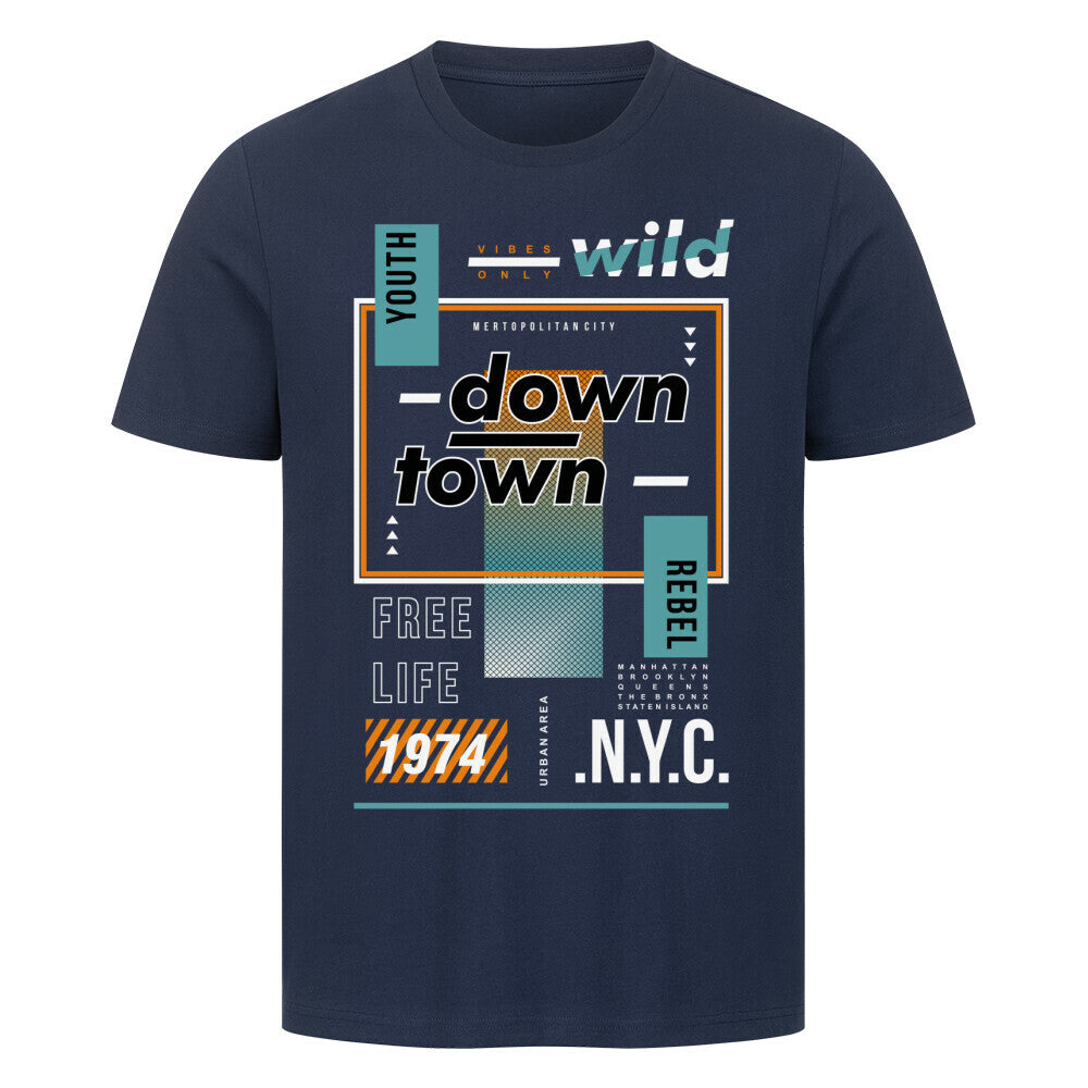 Premium T-Shirt Down Town N.Y.C in navy blue with graphic print.