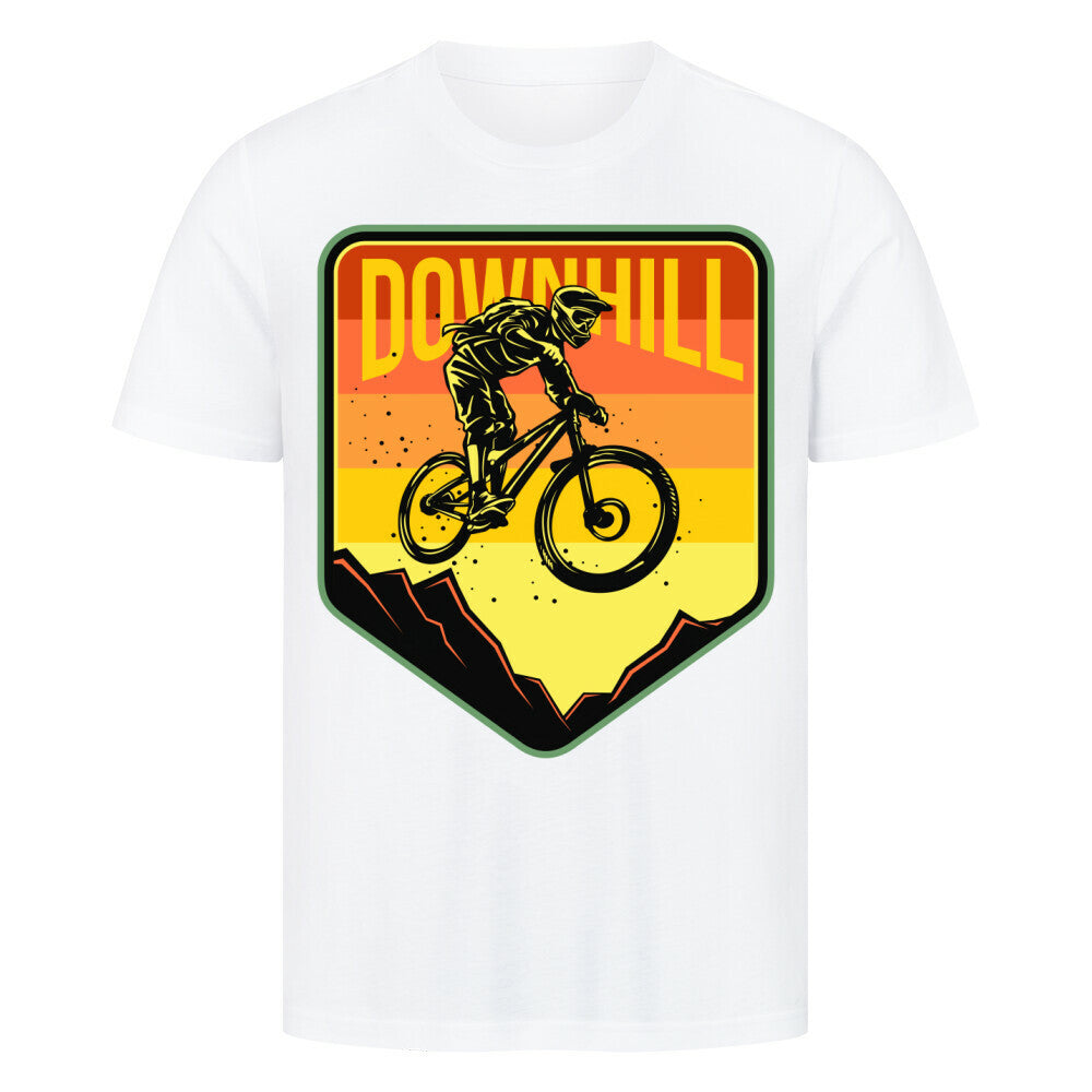 Premium T-shirt with downhill MTB design, 100% cotton, available in various sizes.