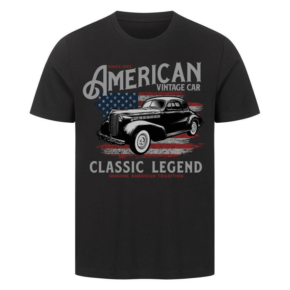 Premium T-shirt with vintage car design and "Classic Legend" text.