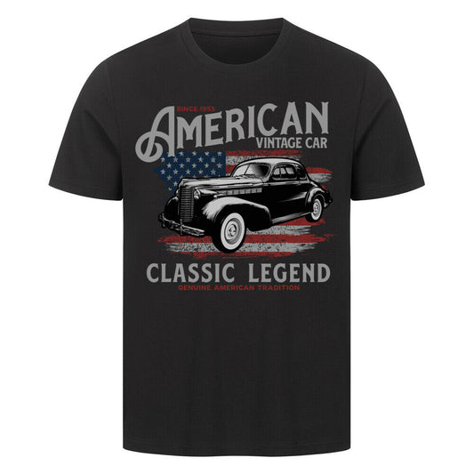 Premium T-shirt with vintage car design and "Classic Legend" text.