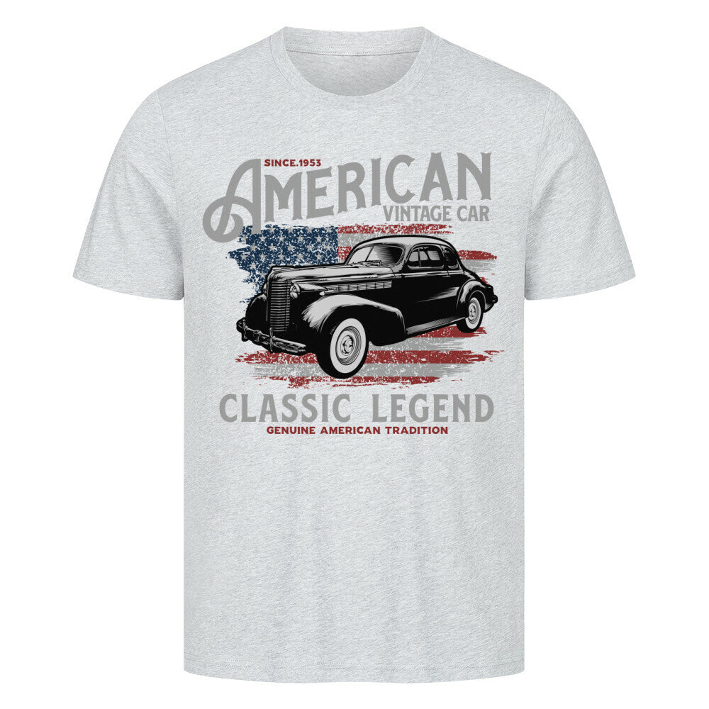 Premium T-shirt featuring an old timer vintage car design, American classic legend print.