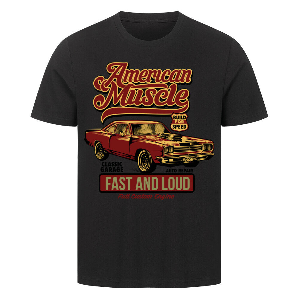 Premium T-shirt featuring American muscle car design, black color.