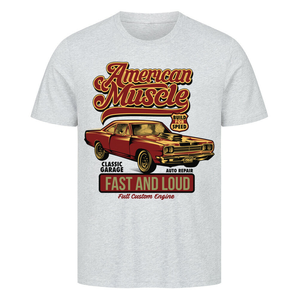 Premium T-shirt with 'American Muscle Car' graphic, classic design, high-quality cotton fabric.