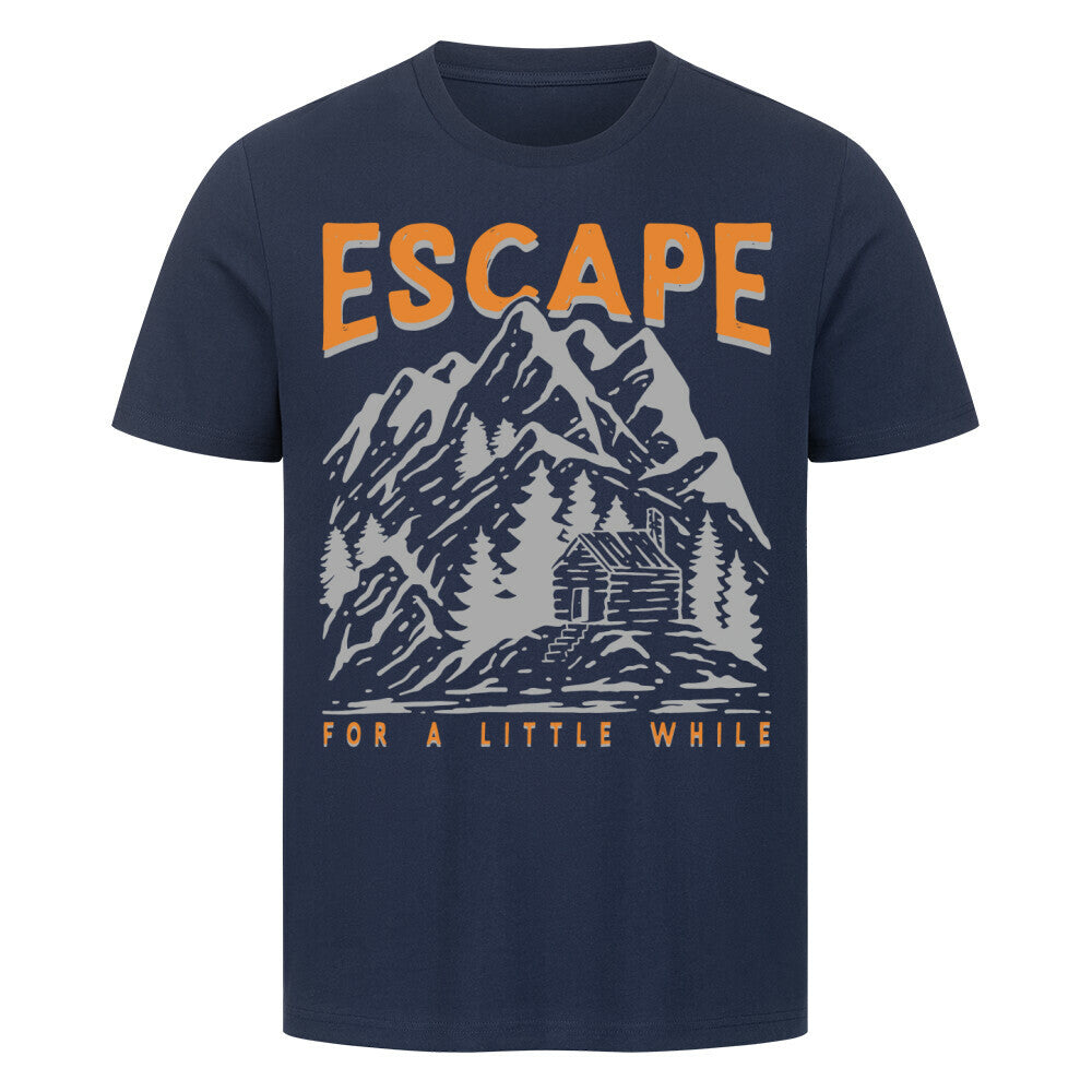 Premium T-Shirt with mountain escape design, 100% cotton, navy color.