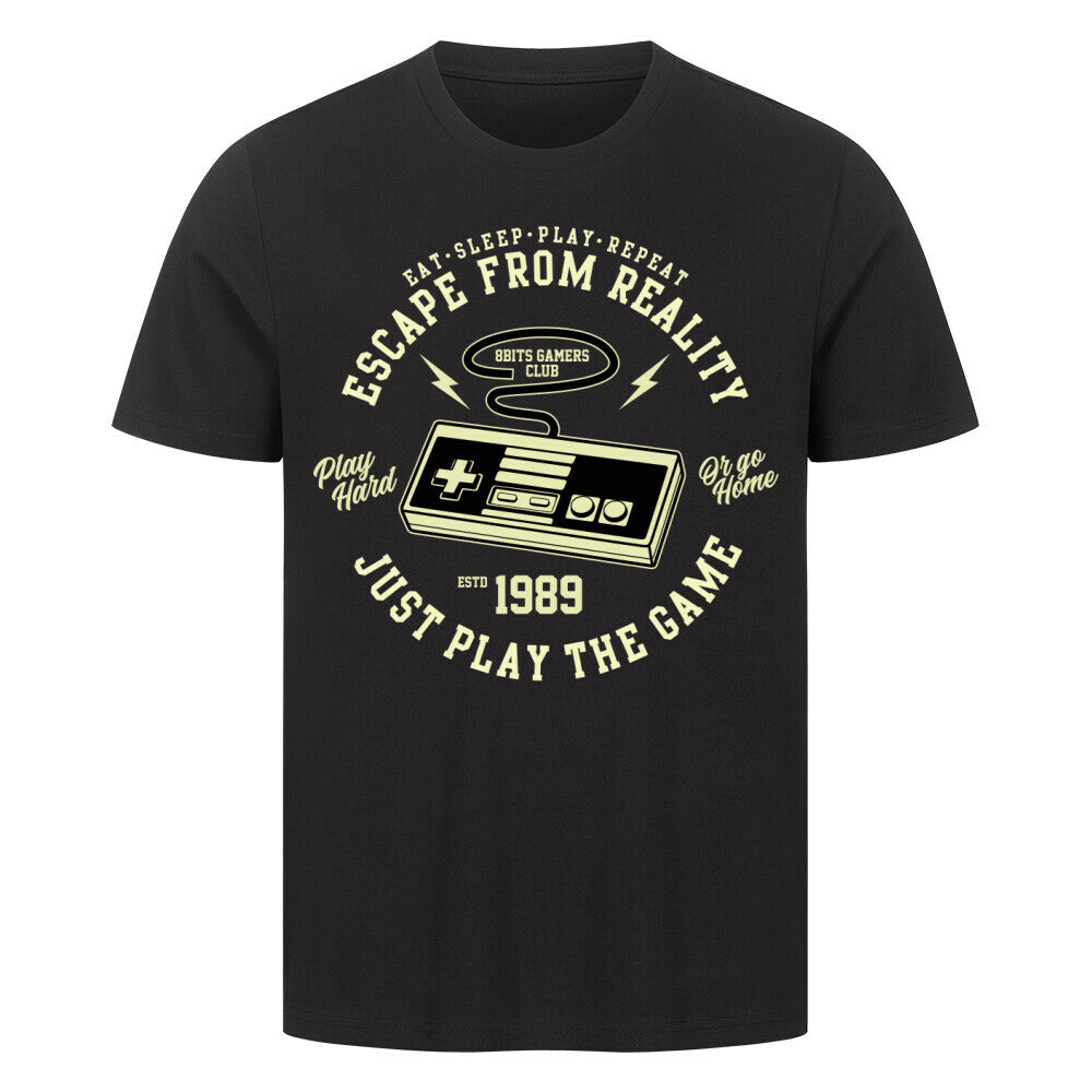 Premium T-Shirt Old School Gamer 1989, black with vintage game controller design, high-quality cotton.