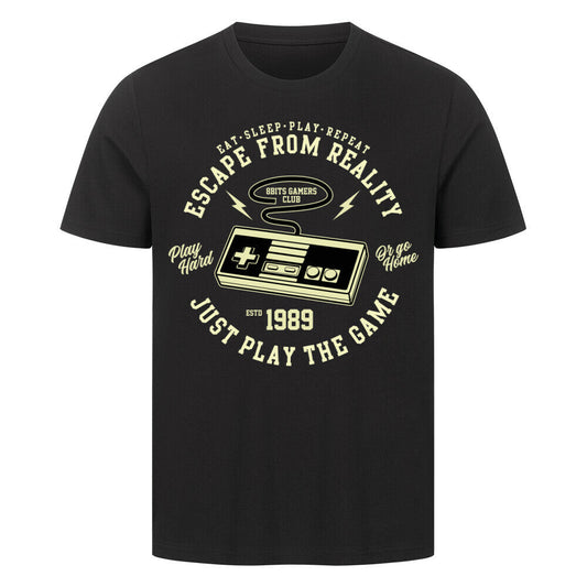 Premium T-Shirt Old School Gamer 1989, black with vintage game controller design, high-quality cotton.