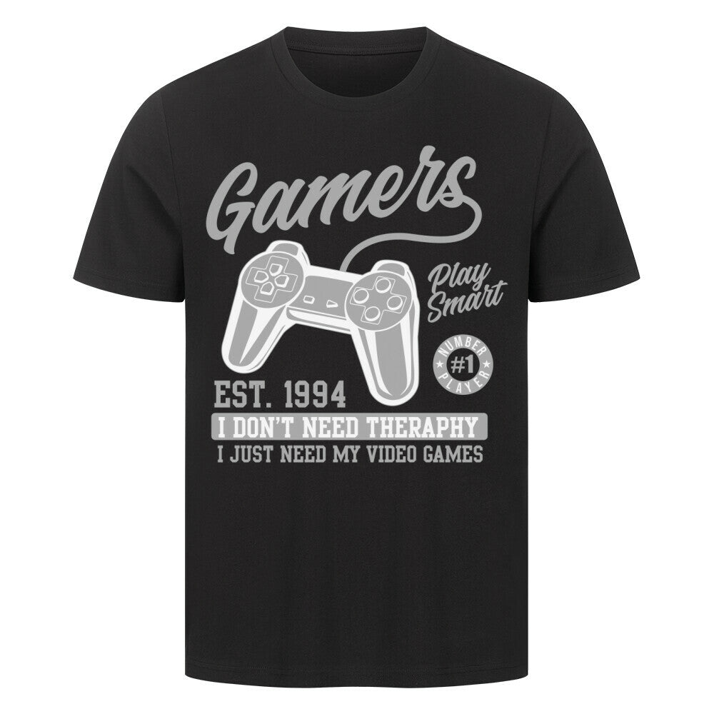 Premium black T-shirt for Old School Gamer 1994, featuring game controller graphic and text; made of 100% cotton.