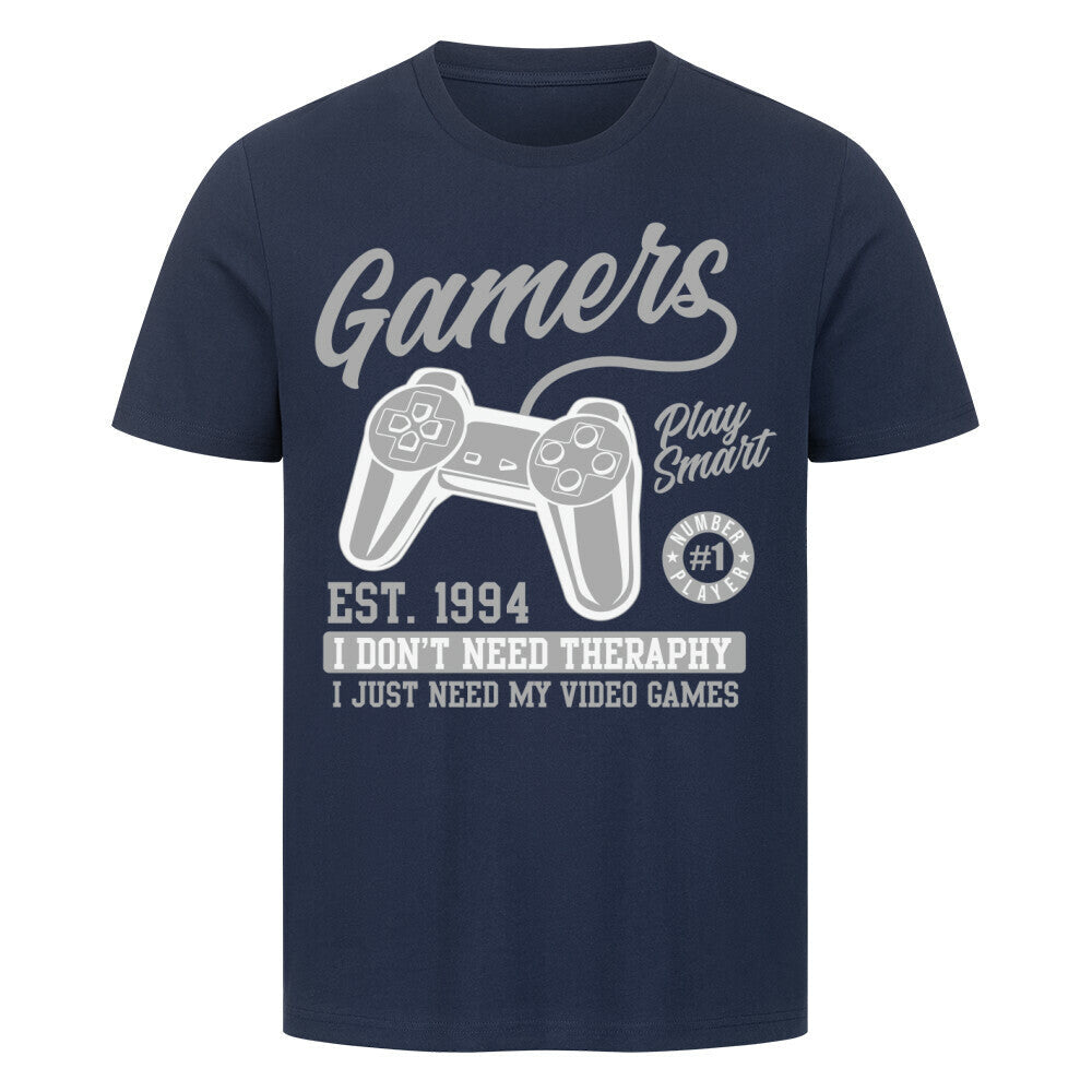 Premium T-shirt with "Old School Gamer 1994" design, 100% cotton, navy blue.