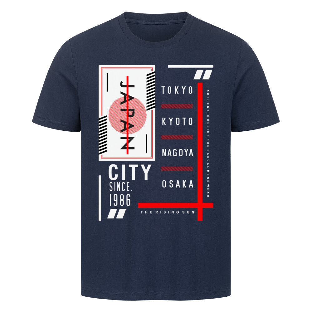 Premium T-Shirt Japan City design with Tokyo, Kyoto, Nagoya, Osaka text, since 1986.
