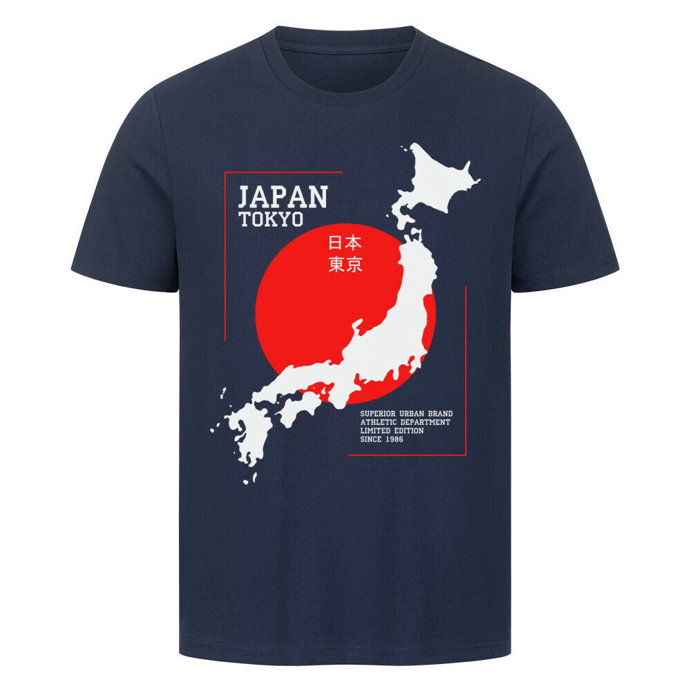 Premium T-Shirt with Japan Tokyo design showing map and red sun.