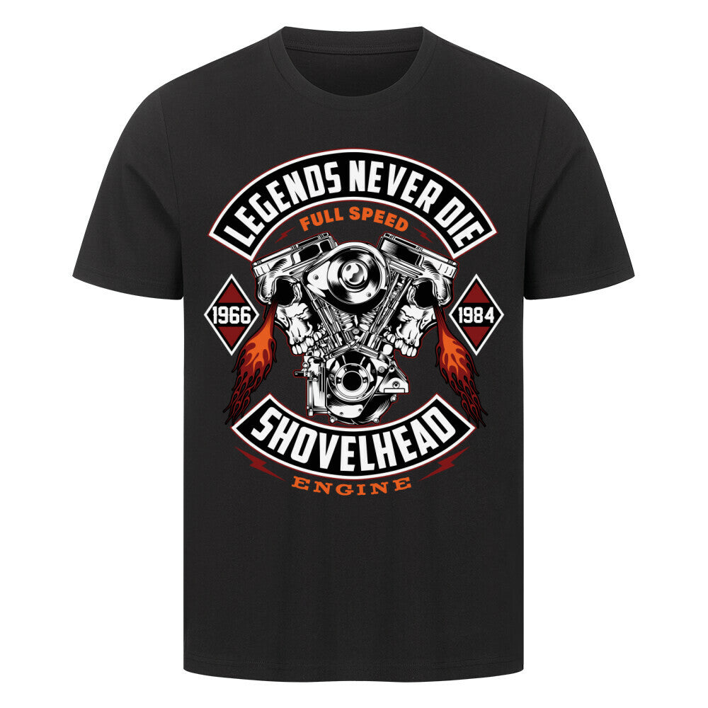 Premium T-shirt featuring "Legends Never Die" Shovelhead engine design.