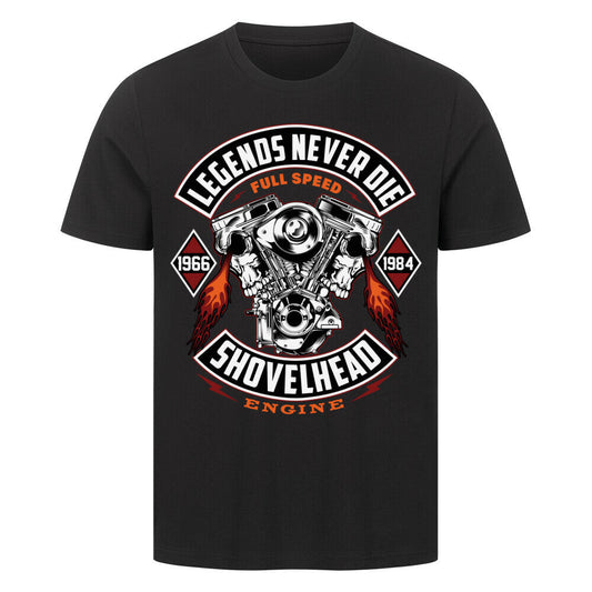 Premium T-shirt featuring "Legends Never Die" Shovelhead engine design.