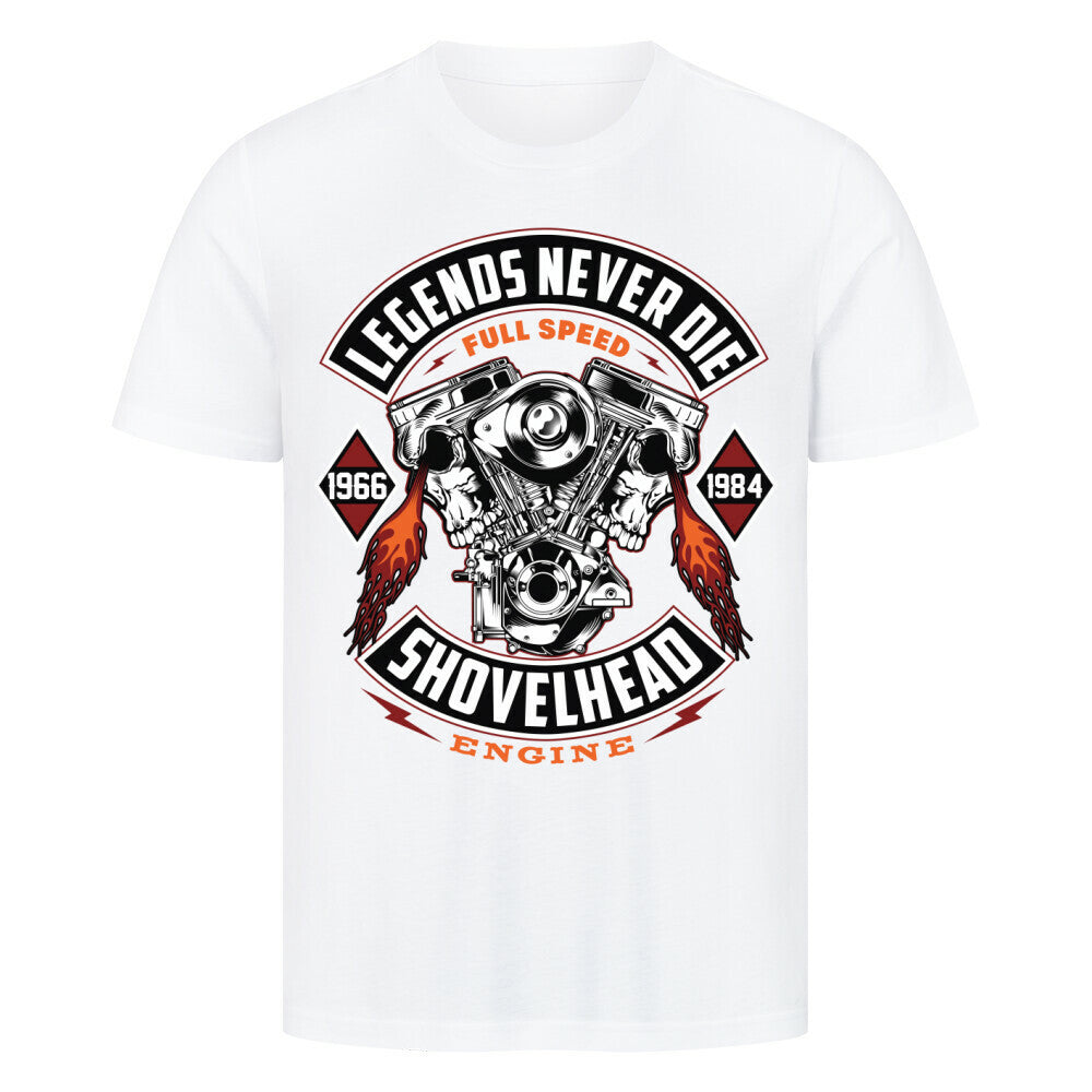 Premium T-Shirt with "Legends Never Die Shovelhead" design featuring a vintage engine graphic.