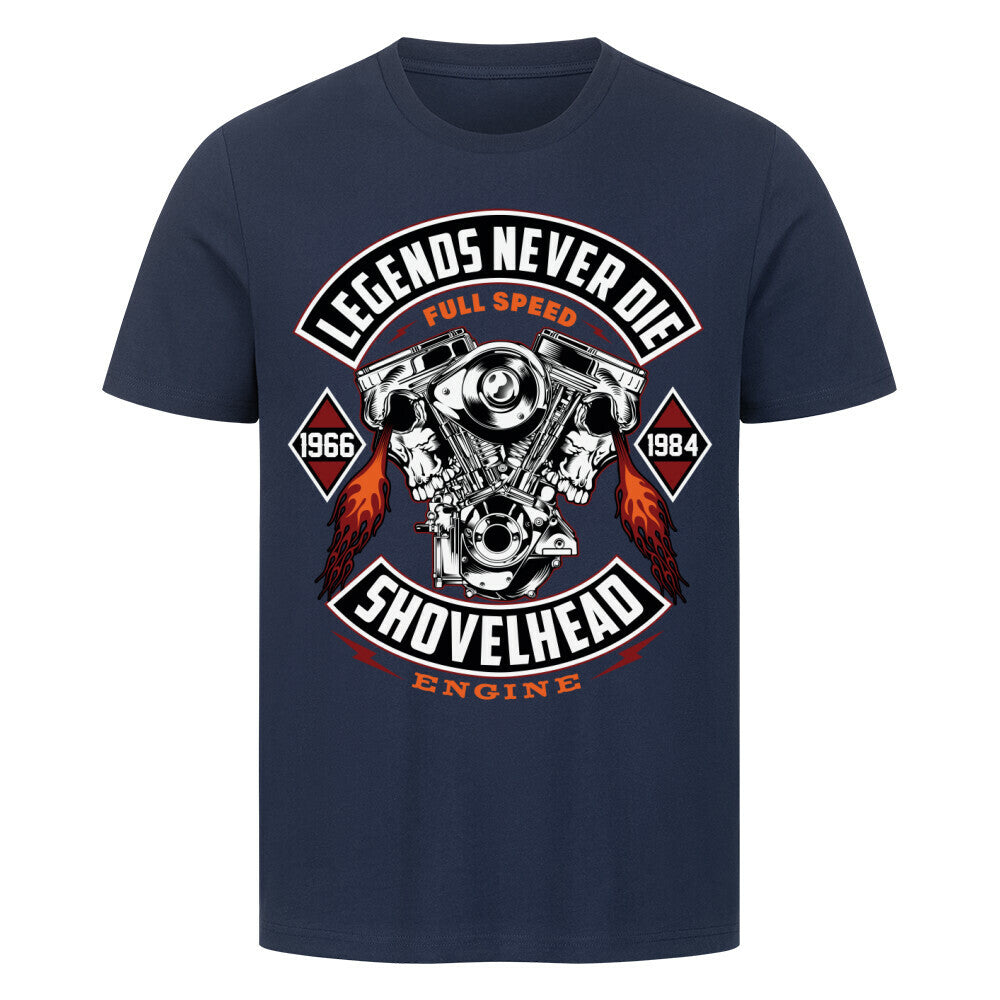Premium T-shirt with Shovelhead design and "Legends Never Die" text, in dark color.