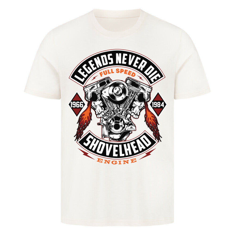 Premium T-Shirt featuring Shovelhead Legends Never Die design, 100% cotton, high-quality print.