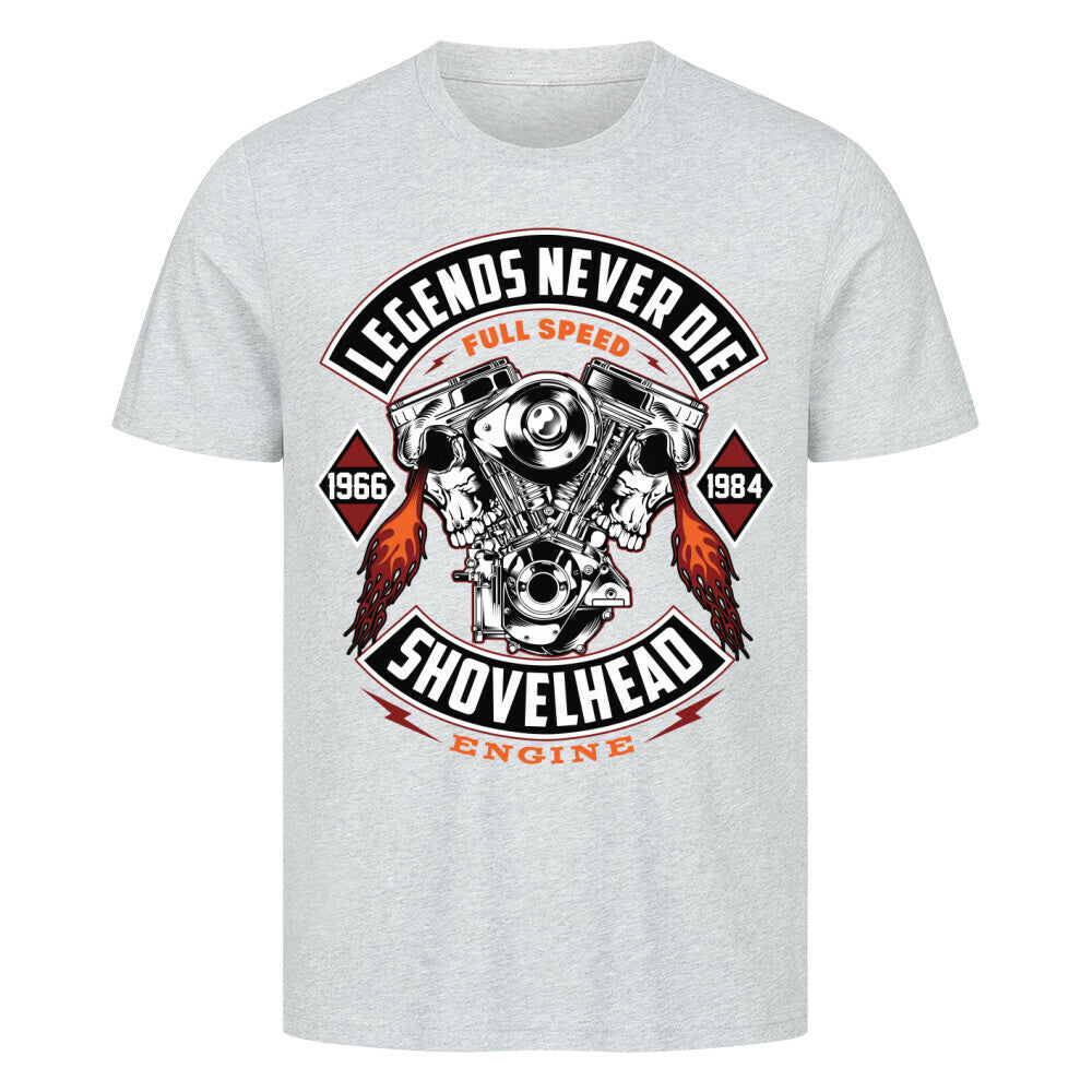 Premium Shovelhead Legends Never Die T-Shirt featuring engine graphic, made of 100% cotton, available in multiple sizes.