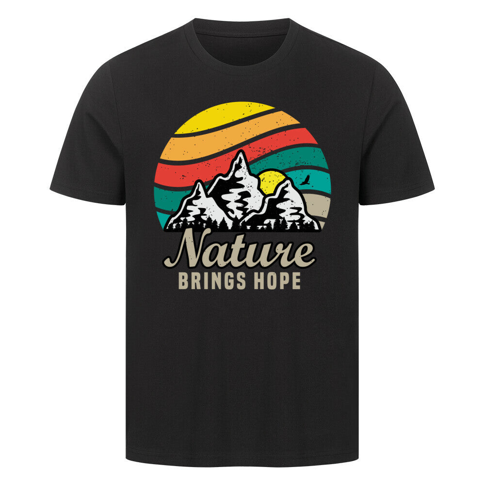 Premium black T-shirt with mountain and sun design, featuring "Nature Brings Hope" text.