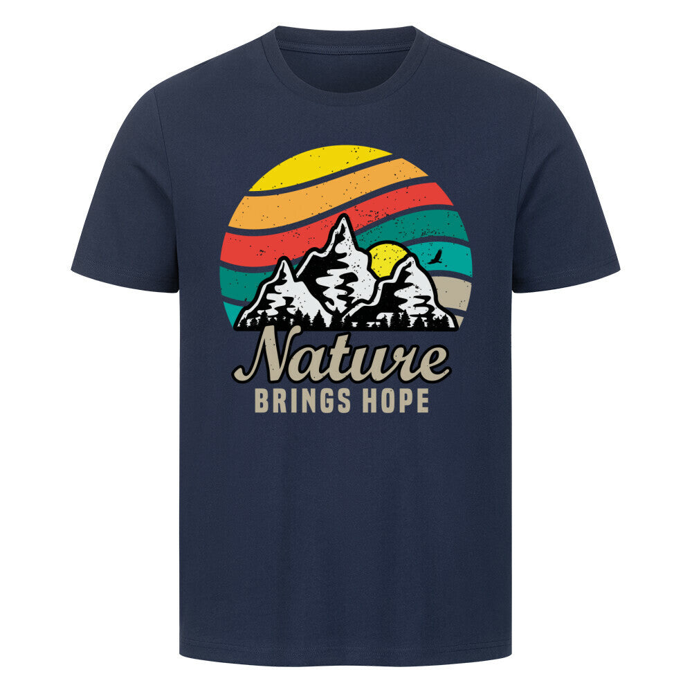 Premium T-Shirt with "Nature Brings Hope" design, 100% cotton, high-quality standard, available in various sizes.