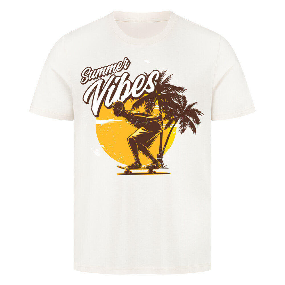 Premium white T-shirt with Summer Vibes print featuring skateboarder and palm trees.