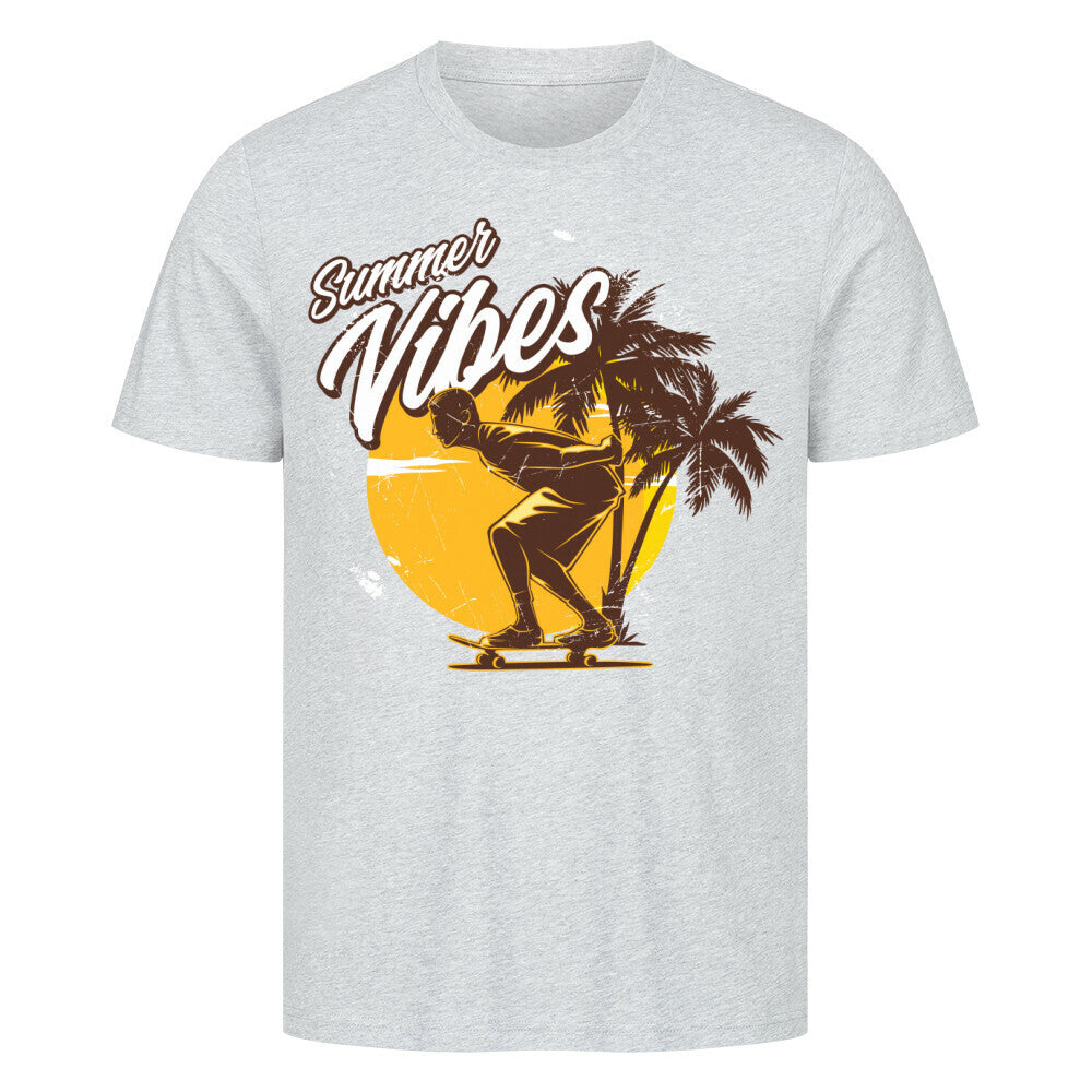 Premium T-Shirt with Summer Vibes design, featuring a skateboarder and palm trees, made from 100% cotton.