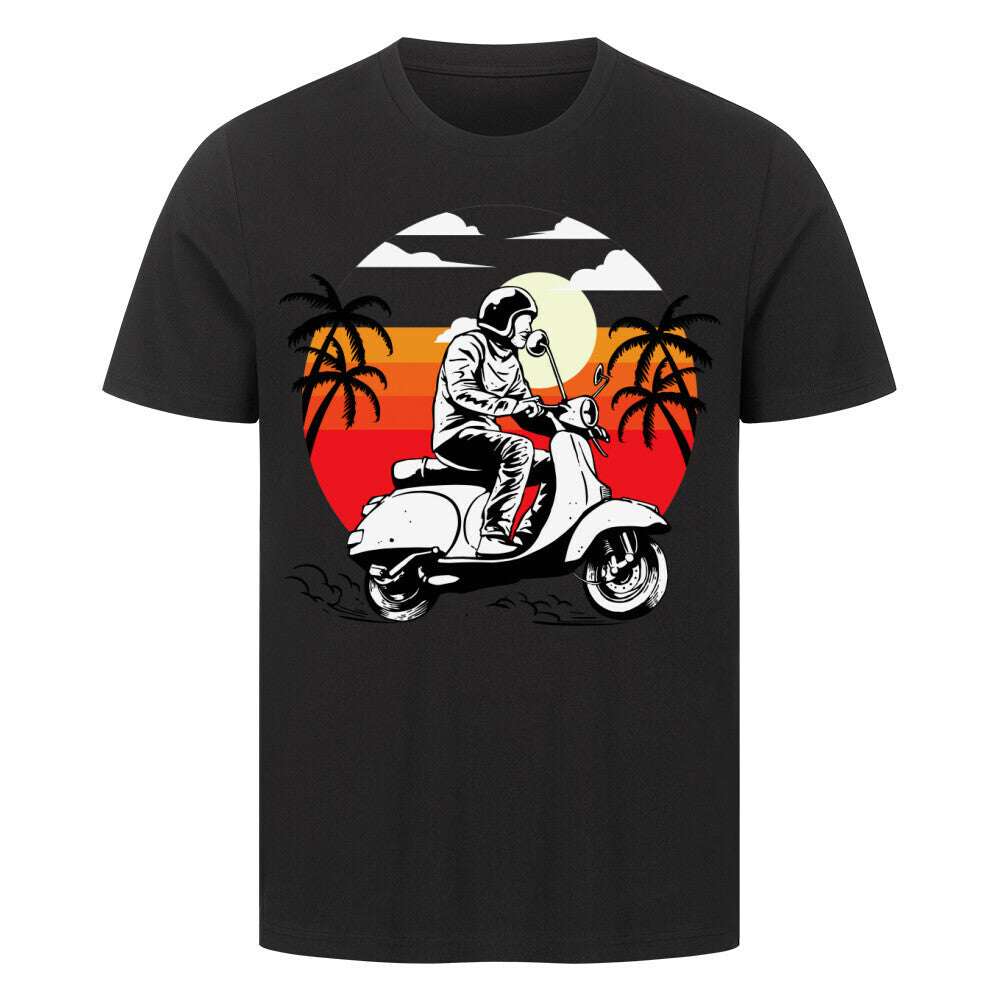 Premium T-shirt featuring sunset scooter rider design on black fabric.