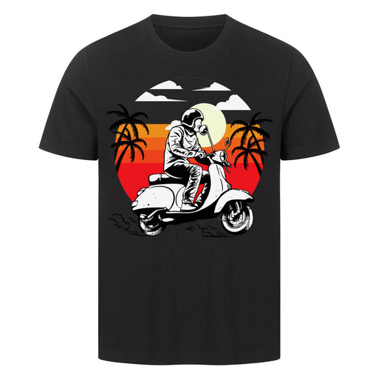 Premium T-shirt featuring sunset scooter rider design on black fabric.